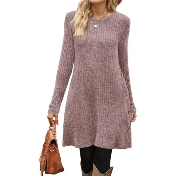 Fall and Winter Tunic Dress with Pockets Long Sleeve Crew Neck Buttons Side