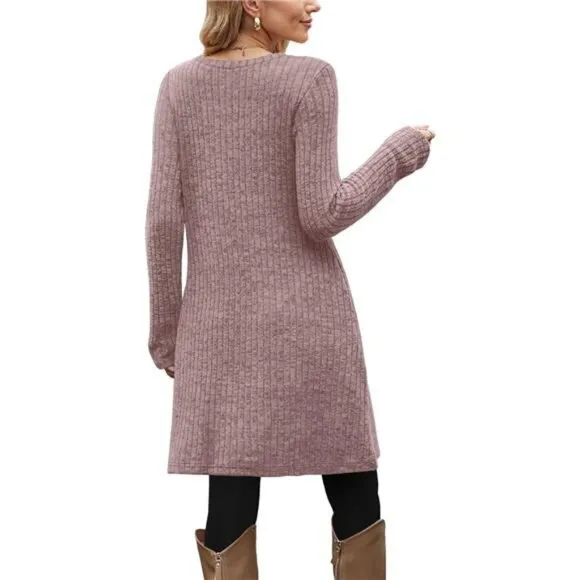 Fall and Winter Tunic Dress with Pockets Long Sleeve Crew Neck Buttons Side