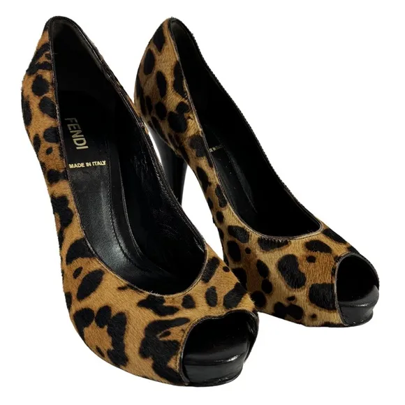 FENDI Calfskin Leopard Peep Toe Heeled Pumps Made in Italy Marked as 36.5-6.5US