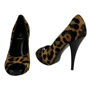 FENDI Calfskin Leopard Peep Toe Heeled Pumps Made in Italy Marked as 36.5-6.5US