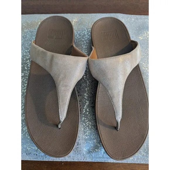 FitFlop Womens 10 Sandals Lulu Shimmy Rose Gold Toe Post Slip-On T-Bar Leather