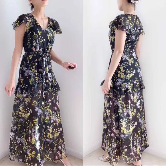 FLORAL V NECK RUFFLES SLEEVES MAXI DRESS