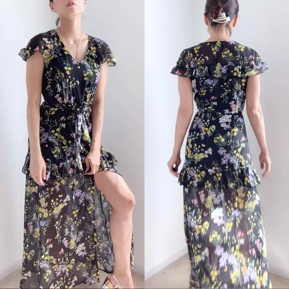 FLORAL V NECK RUFFLES SLEEVES MAXI DRESS