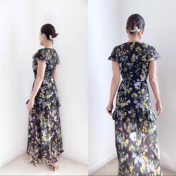 FLORAL V NECK RUFFLES SLEEVES MAXI DRESS