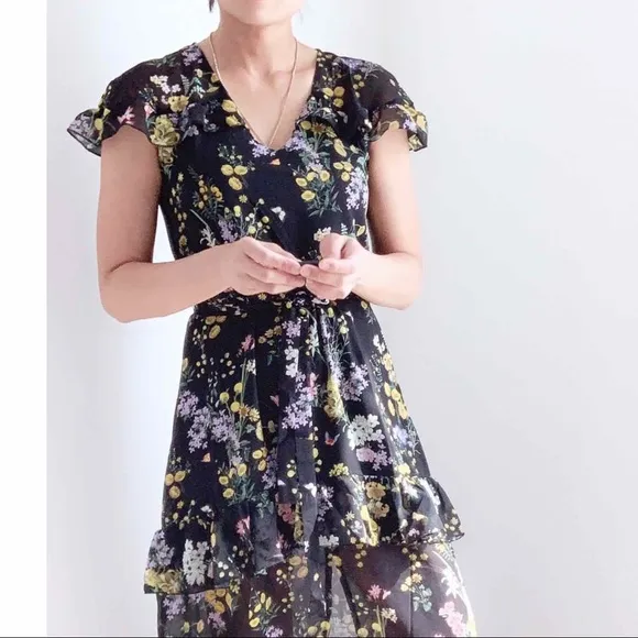 FLORAL V NECK RUFFLES SLEEVES MAXI DRESS