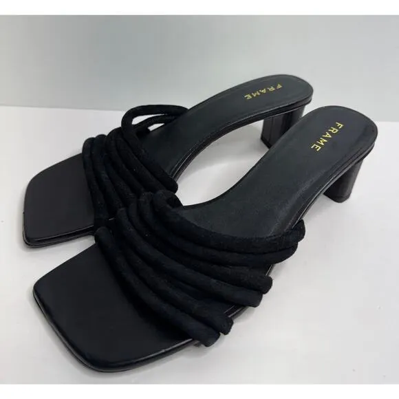 FRAME Sandals Size 5US Black Leather Strappy Slip On Square Toe Heels