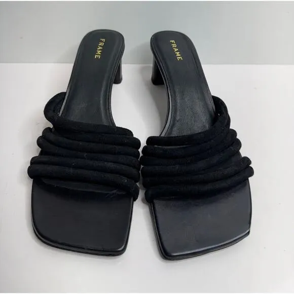 FRAME Sandals Size 5US Black Leather Strappy Slip On Square Toe Heels