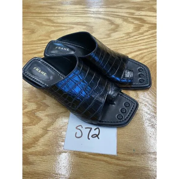 Frame Slide Sandals Women's 39 Black Leather Slip On Toe Ring Croc Print S72