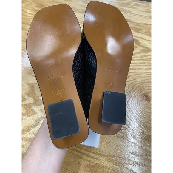 Frame Slide Sandals Women's 39 Black Leather Slip On Toe Ring Croc Print S72