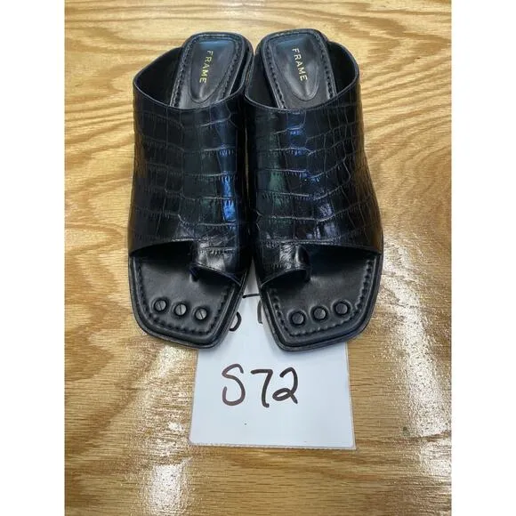 Frame Slide Sandals Women's 39 Black Leather Slip On Toe Ring Croc Print S72