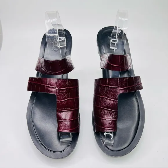 Franco Sarto Trixie Burgundy Embossed Crocodile Leather Slip On Heeled Sandal