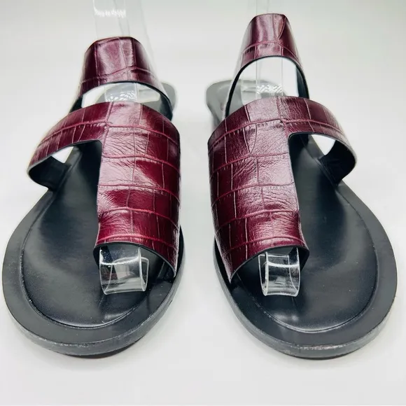 Franco Sarto Trixie Burgundy Embossed Crocodile Leather Slip On Heeled Sandal