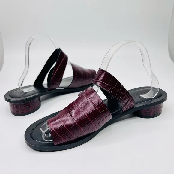 Franco Sarto Trixie Burgundy Embossed Crocodile Leather Slip On Heeled Sandal