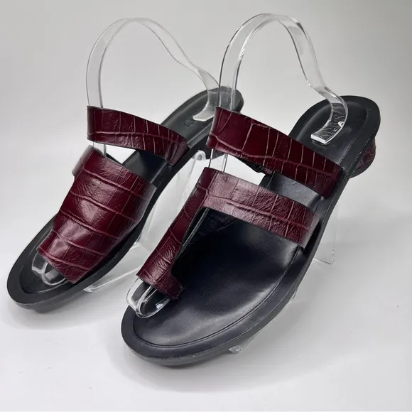 Franco Sarto Trixie Burgundy Embossed Crocodile Leather Slip On Heeled Sandal