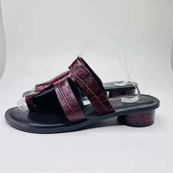 Franco Sarto Trixie Burgundy Embossed Crocodile Leather Slip On Heeled Sandal