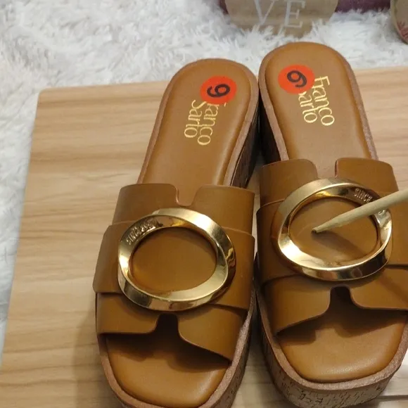 Franco Sarto Women's Tan Slide Sandals with Gold Accent