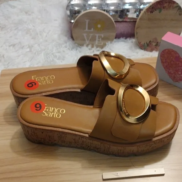 Franco Sarto Women's Tan Slide Sandals with Gold Accent