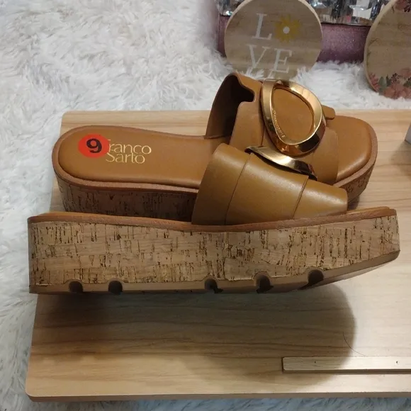 Franco Sarto Women's Tan Slide Sandals with Gold Accent