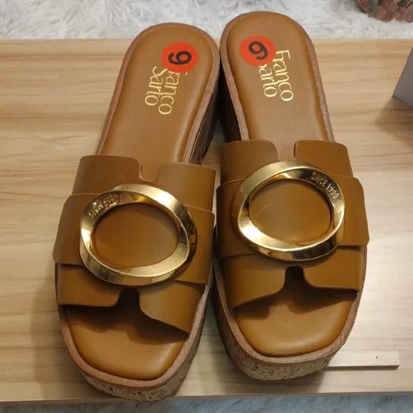 Franco Sarto Women's Tan Slide Sandals with Gold Accent