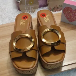 Franco Sarto Women's Tan Slide Sandals with Gold Accent