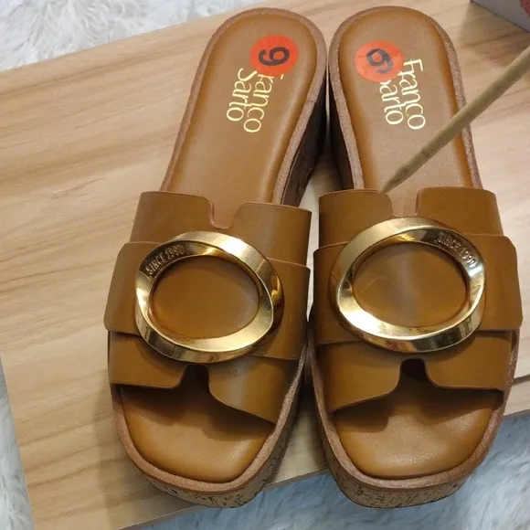 Franco Sarto Women's Tan Slide Sandals with Gold Accent