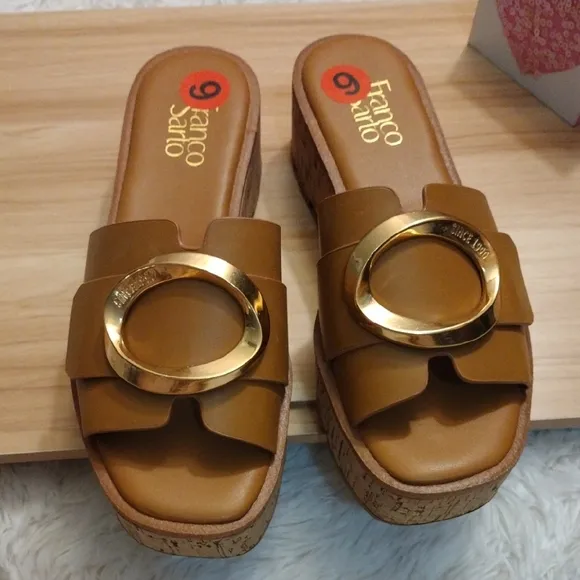 Franco Sarto Women's Tan Slide Sandals with Gold Accent