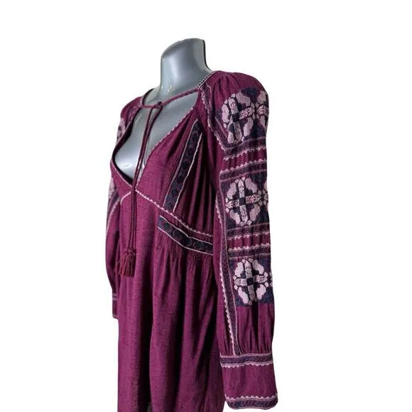 Free People All My Life Wine Embroidered Smocked Mini Dress Women’s XS Boho Chic