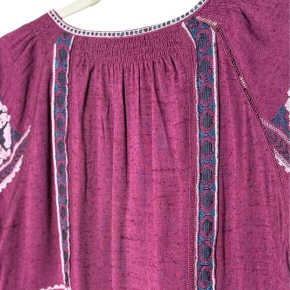 Free People All My Life Wine Embroidered Smocked Mini Dress Women’s XS Boho Chic