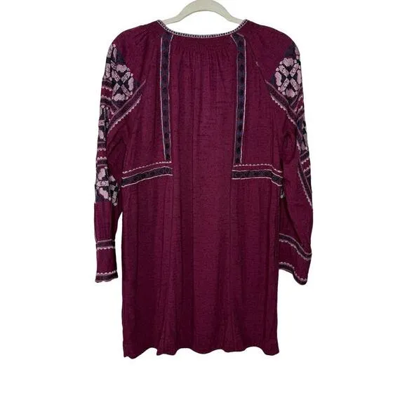 Free People All My Life Wine Embroidered Smocked Mini Dress Women’s XS Boho Chic