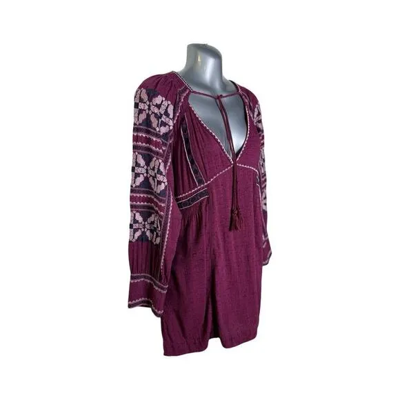 Free People All My Life Wine Embroidered Smocked Mini Dress Women’s XS Boho Chic