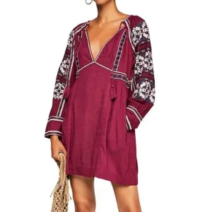 Free People All My Life Wine Embroidered Smocked Mini Dress Women’s XS Boho Chic