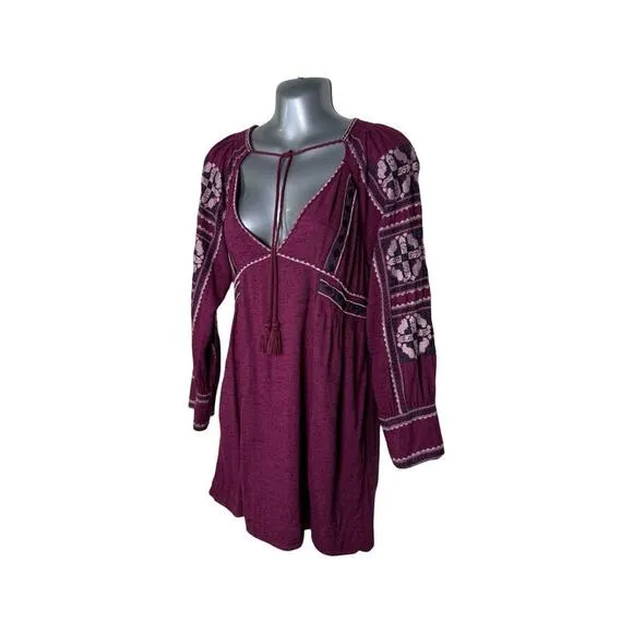 Free People All My Life Wine Embroidered Smocked Mini Dress Women’s XS Boho Chic