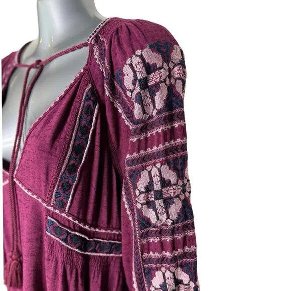 Free People All My Life Wine Embroidered Smocked Mini Dress Women’s XS Boho Chic
