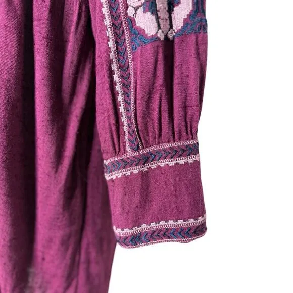 Free People All My Life Wine Embroidered Smocked Mini Dress Women’s XS Boho Chic