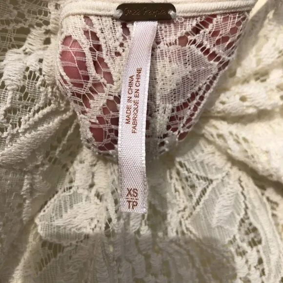 Free People Anthropologie Mini Dress Lace Cream Shake It Up 3/4 Sleeve