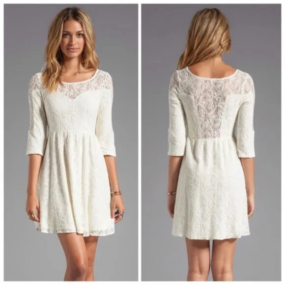Free People Anthropologie Mini Dress Lace Cream Shake It Up 3/4 Sleeve