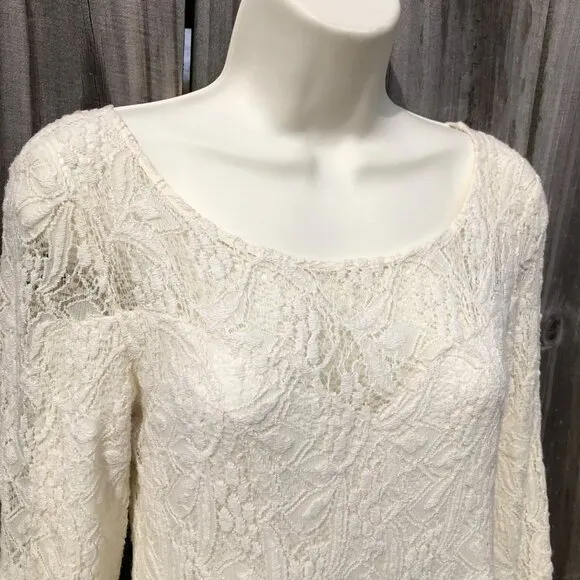 Free People Anthropologie Mini Dress Lace Cream Shake It Up 3/4 Sleeve