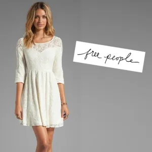 Free People Anthropologie Mini Dress Lace Cream Shake It Up 3/4 Sleeve