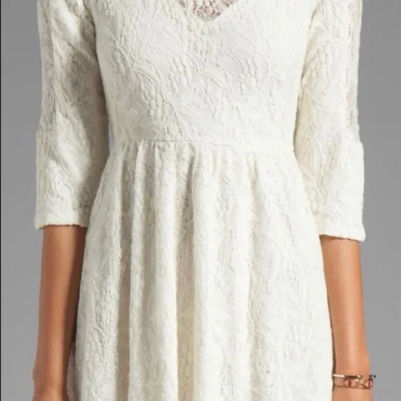 Free People Anthropologie Mini Dress Lace Cream Shake It Up 3/4 Sleeve