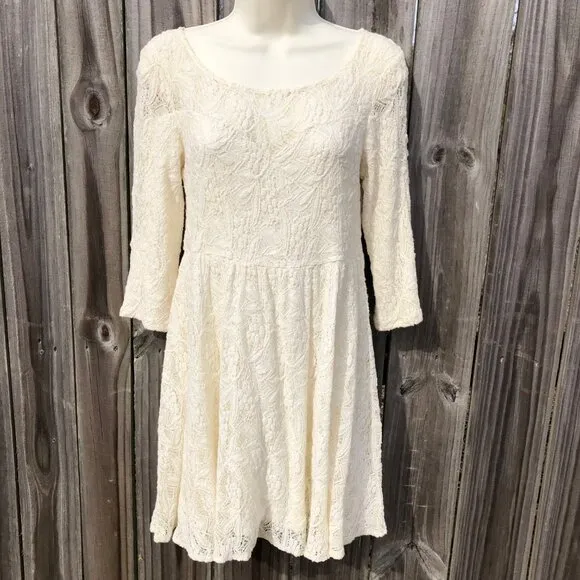 Free People Anthropologie Mini Dress Lace Cream Shake It Up 3/4 Sleeve