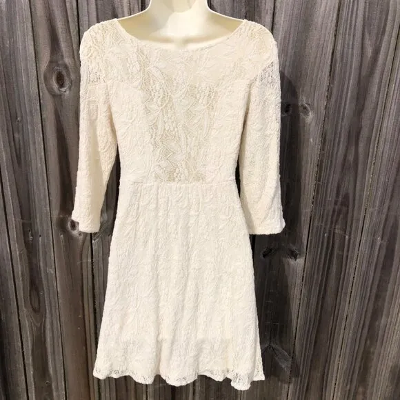 Free People Anthropologie Mini Dress Lace Cream Shake It Up 3/4 Sleeve