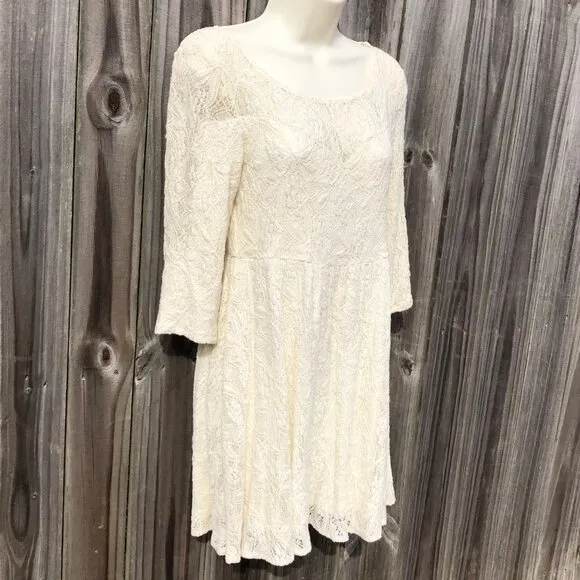 Free People Anthropologie Mini Dress Lace Cream Shake It Up 3/4 Sleeve