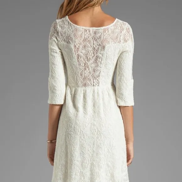 Free People Anthropologie Mini Dress Lace Cream Shake It Up 3/4 Sleeve