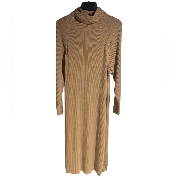 Free People Beach Ribbed Catalina Sweater Dress Turtleneck Tan Camel Large