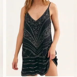 Free People Black Beaded Art Deco Slip Dress | Size M | Glam Party Vibes