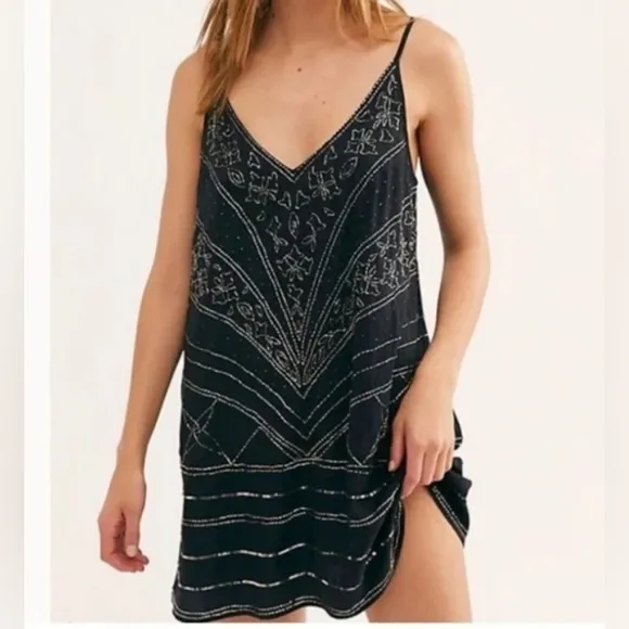 Free People Black Beaded Art Deco Slip Dress | Size M | Glam Party Vibes