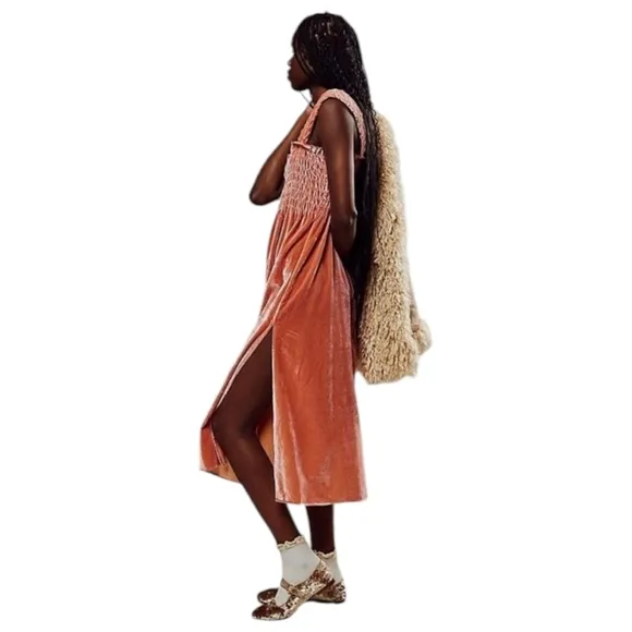 Free People Camille Velvet Smocked Midi Dress NWOT