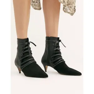 Free People Juliette Kitten Heel Ankle Boots Black Leather Size 36 Witchy Twee