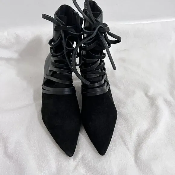 Free People Juliette Kitten Heel Ankle Boots Black Leather Size 36 Witchy Twee
