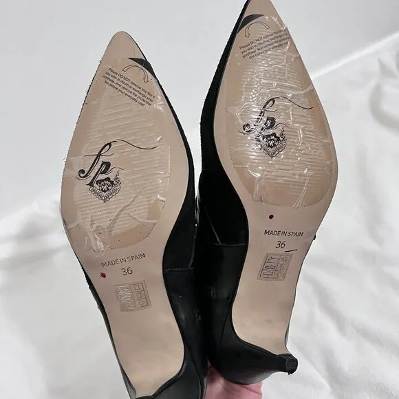 Free People Juliette Kitten Heel Ankle Boots Black Leather Size 36 Witchy Twee